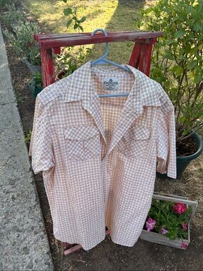 Men’s Roadblock Short Sleeve Gingham Button-Up in Beige & White 2x
